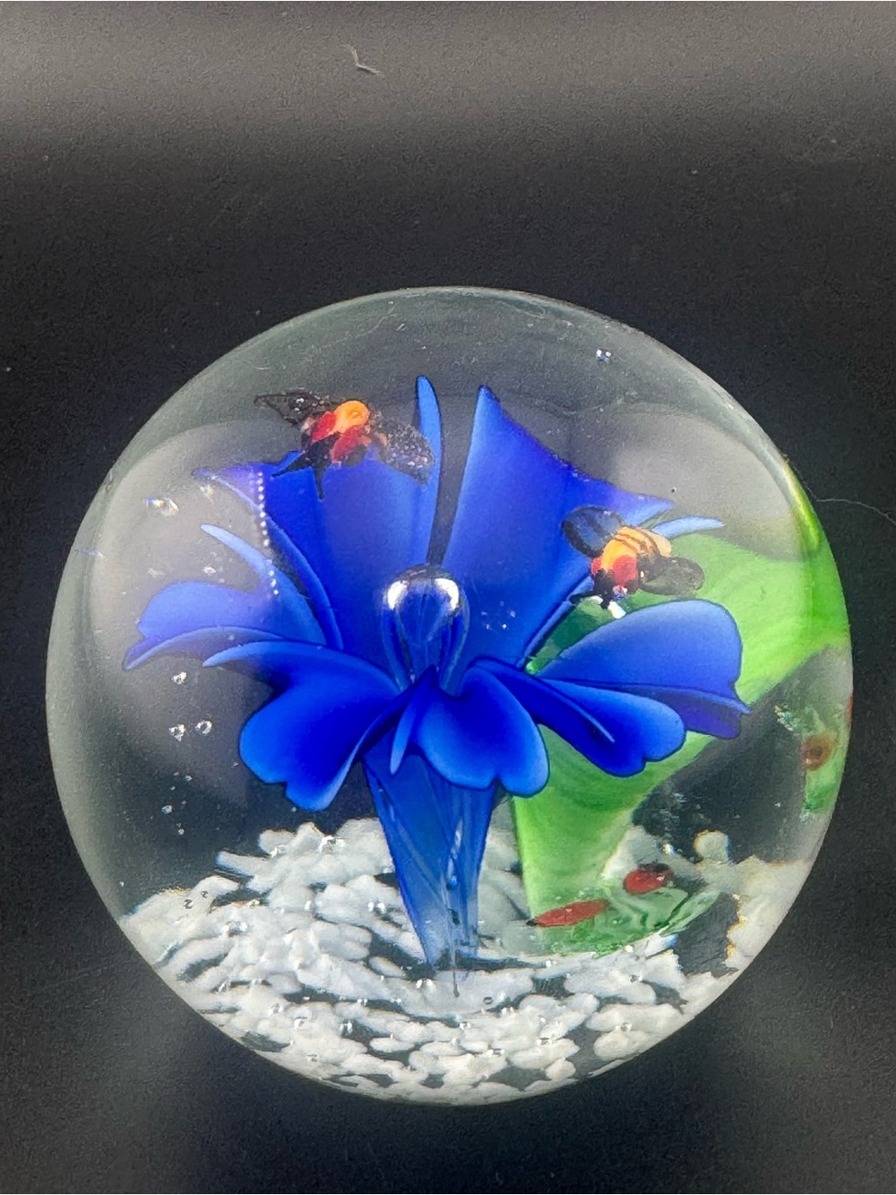 Vintage Glass Paperweight with Blue Flower and Bees